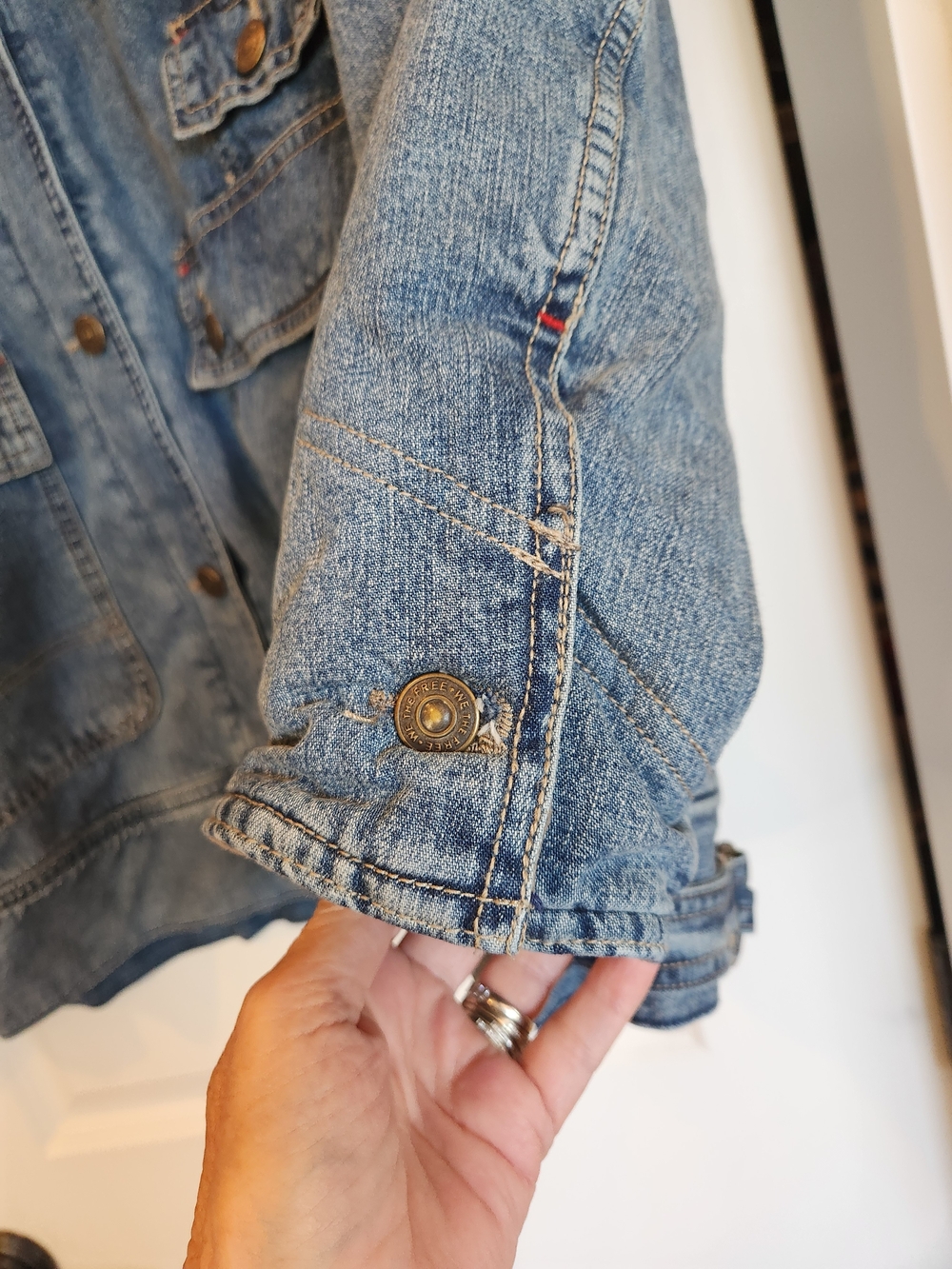 Free People/We The Free Sweet Talk Denim Barn Coat Size M Utility/Jean Jacket - Picture 9 of 16